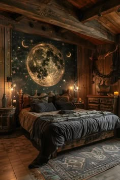 a bed room with a neatly made bed and a night sky mural on the wall