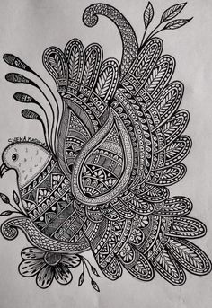 a black and white drawing of a bird with intricate designs on it's feathers