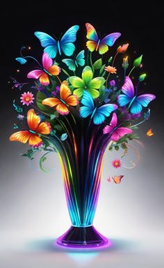 a vase filled with lots of colorful butterflies