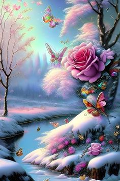 a painting of pink roses and butterflies on a snowy landscape with stream, trees, and snow - covered ground