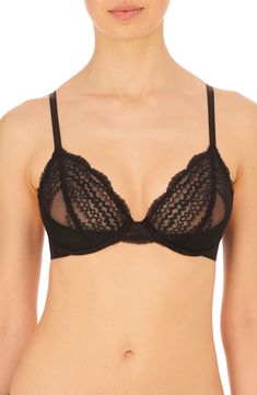 Add a sultry detail under everyday outfits with this bralette-inspired underwire bra fashioned with feathery lace and a strappy back. 86% nylon, 14% elastane; 100% polyester lining Hand wash, line dry Imported Elegant Bra With Adjustable Straps For Night Out, Lace Underwire Bra For Night Out, Lace Push-up Bra With Straps, Elegant Push-up Bra With Straps, Elegant Bra With Removable Pads For Night Out, Adjustable Straps Bra For Night Out, Underwire Bra With Delicate Straps, Lace Push-up Bra With Delicate Straps, Fitted Push-up Bra With Delicate Straps