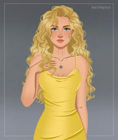 a drawing of a blonde woman in a yellow dress with her hand on her chest