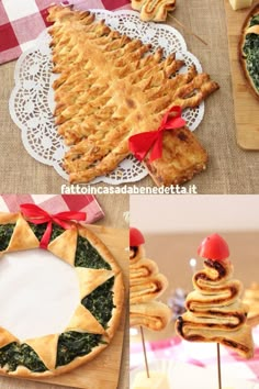 several different pictures of food that are being displayed on wooden trays with red bows