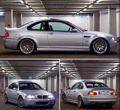 three different shots of a silver car in a parking garage