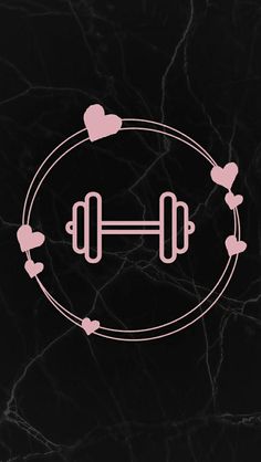 a black and pink wallpaper with two dumbbells in the middle, surrounded by hearts