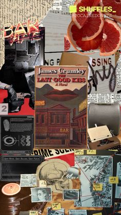 a collage of various images including oranges, books and other things in the background