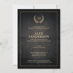 a black and gold graduation party card