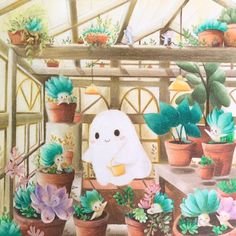 there are many potted plants in this painting