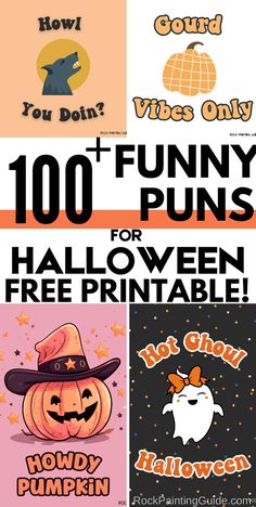 an image of halloween stickers with the words, 100 funny puns for halloween free print