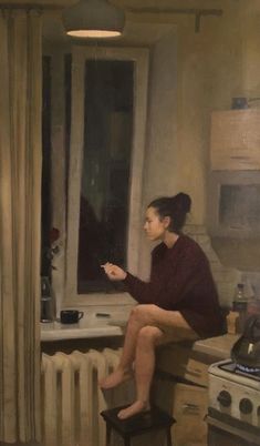 a painting of a woman sitting in a kitchen