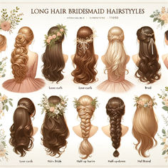 the long hair bridesmaid hairstyles are shown in different styles and colors