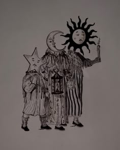 a drawing of two people standing next to each other with the sun and moon above them