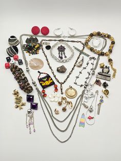 Pretty lot of vintage costume jewelry for repair, repurpose and wear. From the 70's-90's. A couple pieces are probably a little older. Contains necklaces, bracelets, pins, earrings, charms and parts/pieces.  Conditions vary. Some items are in really good condition. Some have wear (some more than others) and some are broken. There are many parts in this lot as well. Vintage Costume Jewelry, Vintage Costumes, Costume Jewelry, Jewelry Sets, Charm Necklace, Silver Tone, Pins, Gold Tones, Gift Card