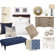 a bedroom with blue and white decor on the walls, bedding, nightstands, mirror, lamp, pillows, lampshade