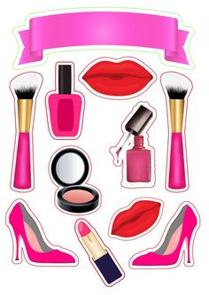 a set of various cosmetics and makeup items with pink ribbon on white background illustration, eps 8x8