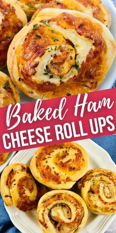 baked ham cheese rolls on a plate with text overlay that reads baked ham cheese rolls