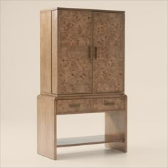 a wooden cabinet with two doors and drawers on the front, sitting against a white background