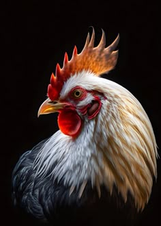 a close up of a rooster on a black background