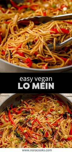 two pictures showing different types of pasta in pans with the words easy vegan lo mein