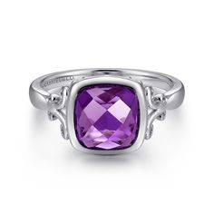 Sterling Silver Cushion Cut Amethyst Ring Classic Amethyst Rings With Gemstone Accents, Fine Jewelry Purple Amethyst Ring With Gemstone Accents, Elegant Purple Ring With Polished Finish, Purple Rings With Gemstone Accents In Fine Jewelry Style, Purple Rings With Gemstone Accents Fine Jewelry, Fine Jewelry Purple Rings With Gemstone Accents, Elegant Purple Rings With Polished Finish, Purple Rings With Gemstone Accents, Classic Amethyst Purple Rings