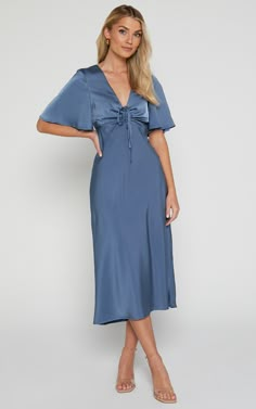 Nicholla Midi Dress - Ruched Front Angel Sleeve Slip Dress in Steel Blue | Showpo USA Dusty Blue Bridesmaid Dresses Midi, Dusty Blue Wedding Guest Dress, Summer Formal Dresses Wedding Guest, Steel Blue Dress, Bridesmaid Dresses Midi, Women Attire, Soft Woman, Blue Wedding Guest Dresses, Blue Satin Fabric