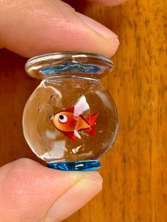 a goldfish in a fish bowl is being held by someone's hand