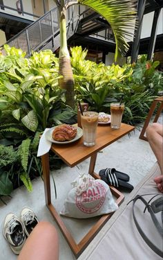 two people sitting at a table with food and drinks in front of some plants on the ground