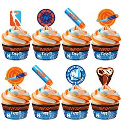 nerf cupcakes with orange frosting and blue decorations