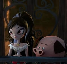 a cartoon character and a pig on a balcony