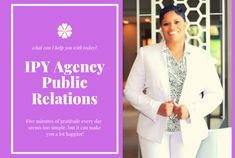 a woman standing in front of a purple and white sign with the words ipy agency public relationss