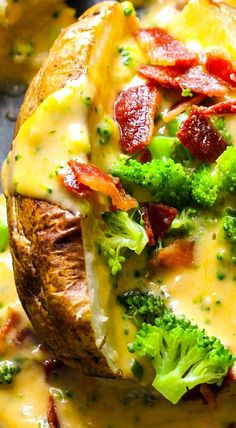 baked potatoes with broccoli and bacon on top are served in a casserole dish