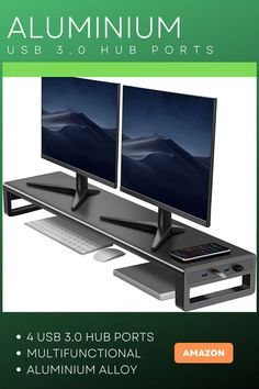 an advertisement for a computer with two monitors on top of it and the words, aluminumium