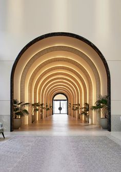 an arched entrance way with potted plants on either side