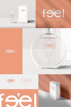 three different logos and packaging designs for women's perfumes, including an eap bottle