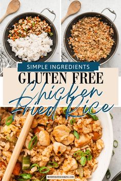 three images showing the ingredients for gluten free chicken fried rice