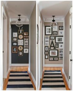 the hallway is decorated in black and white with pictures on the wall, framed art