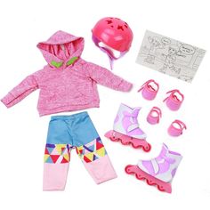 the doll is wearing a pink hoodie, pants and shoes with her skateboard