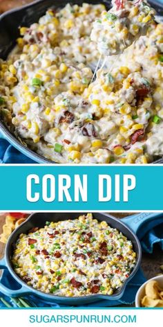 corn dip in a blue cast iron skillet with text overlay