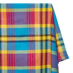 a multicolored plaid shirt is shown in front of a white background and the colors are blue, yellow, red, orange, and green