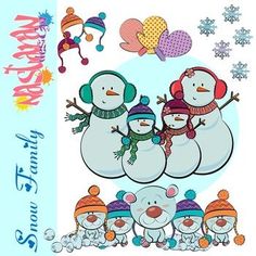 an image of snowmen with hats and mittens on the front cover of a greeting card