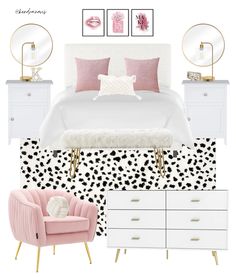 a bedroom with pink and white furniture, black and white polka dot wallpaper, gold accents