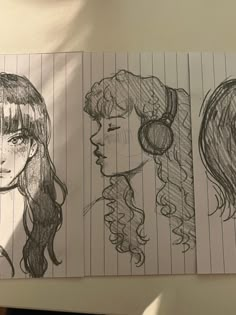 three drawings of women's hair on lined paper