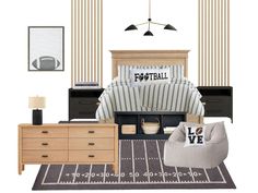 a bedroom is shown with black and white decor, including a football themed bedding