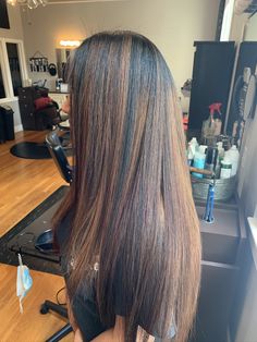 Silk Press With Brown Highlights, Brown Streaks In Black Hair Black Women, Leave Out With Brown Highlights, Light Brown On Dark Brown Hair, Natural Hair Dye Ideas For Black Hair, Brown Streaks In Black Hair, Silk Press Highlights, Highlights For Dark Skin, Silk Press With Highlights