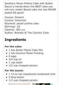 the recipe for cake mix is shown in this advertizer's description card