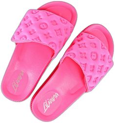 Pink Summer Slip-on Slides, Comfortable Pink Open Toe Slides, Trendy Non-slip Slide Flip Flops, Casual Pink Slippers For Vacation, Comfortable Pink Slides, Trendy Non-slip Slide Slippers, Trendy Leisure Slide Slippers, Comfortable Pink Synthetic Slides, Trendy Slide Slippers For Leisure