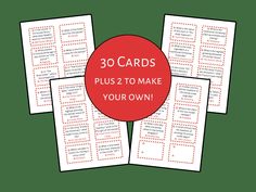 four cards with the words 30 cards plus 2 to make your own on them, in red