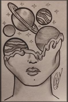 a drawing of a woman's face with planets above her head