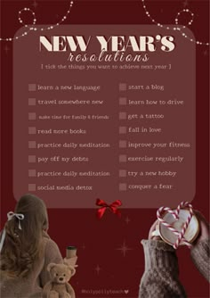 a woman holding a teddy bear next to a red poster with the words new year's resolution