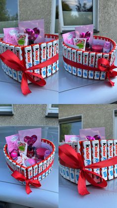 three pictures of different baskets with candy and candies in them